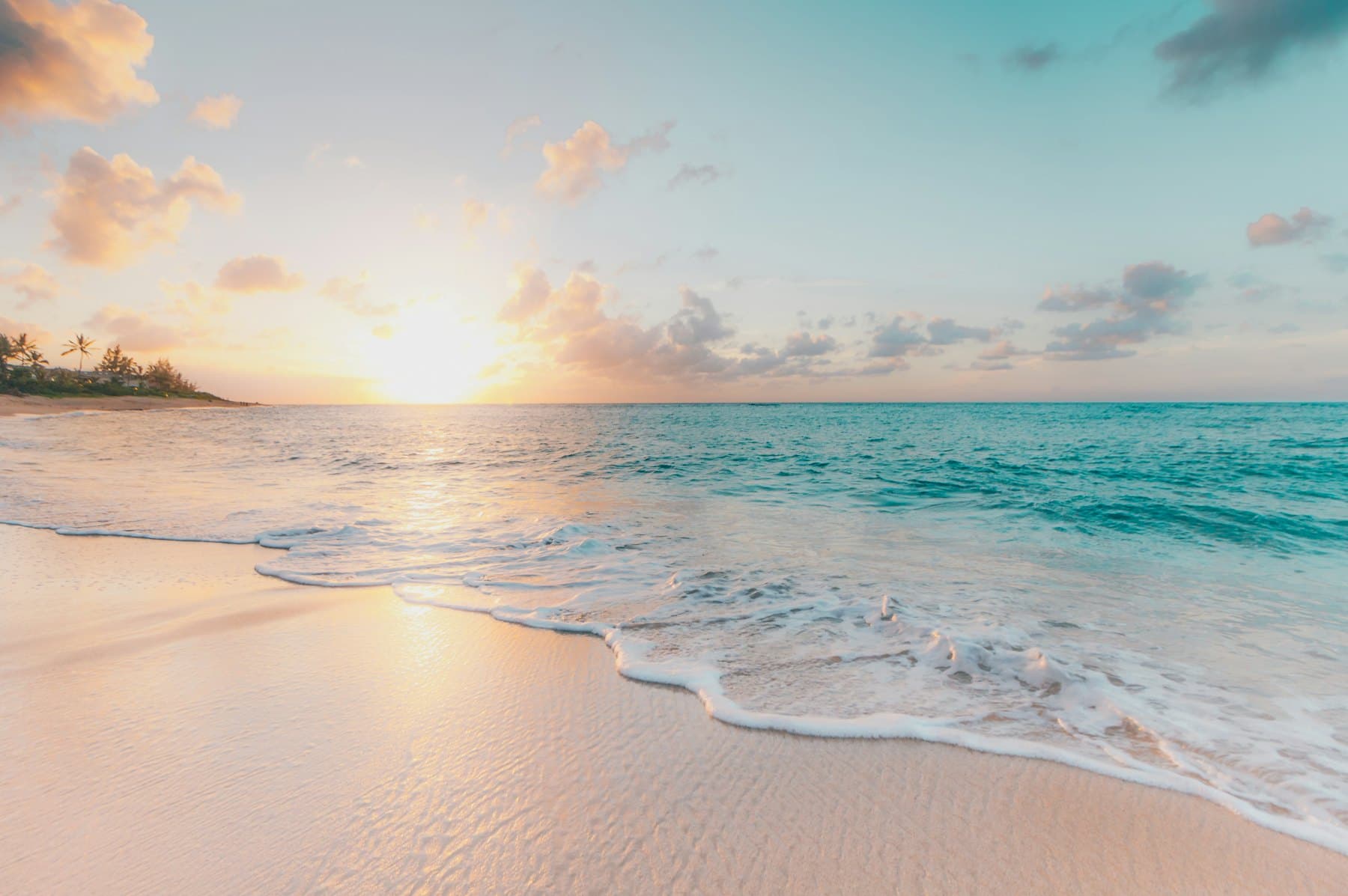A tropical shoreline at golden hour