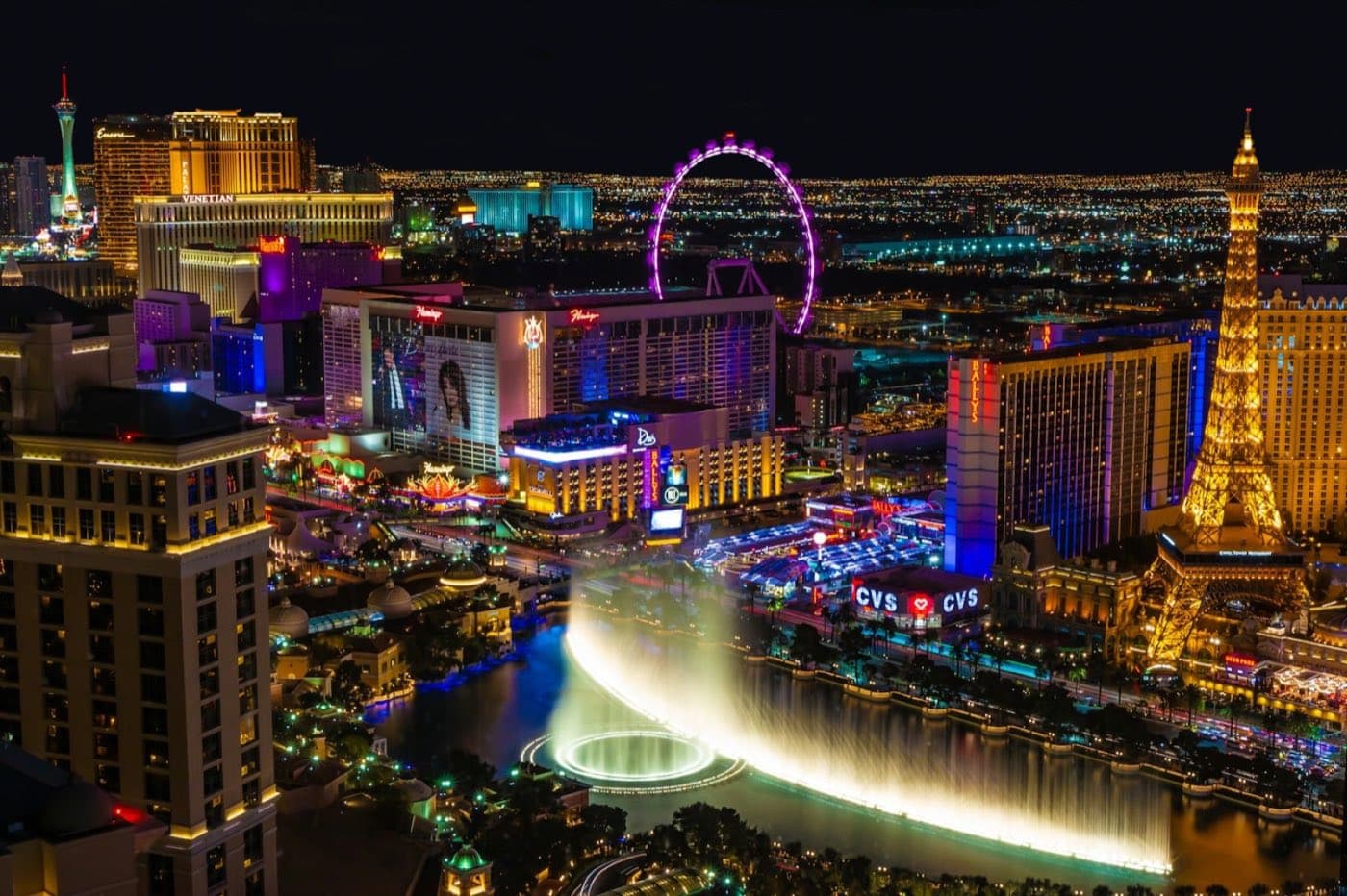 The Las Vegas Strip at night, with the Bellagio fountains