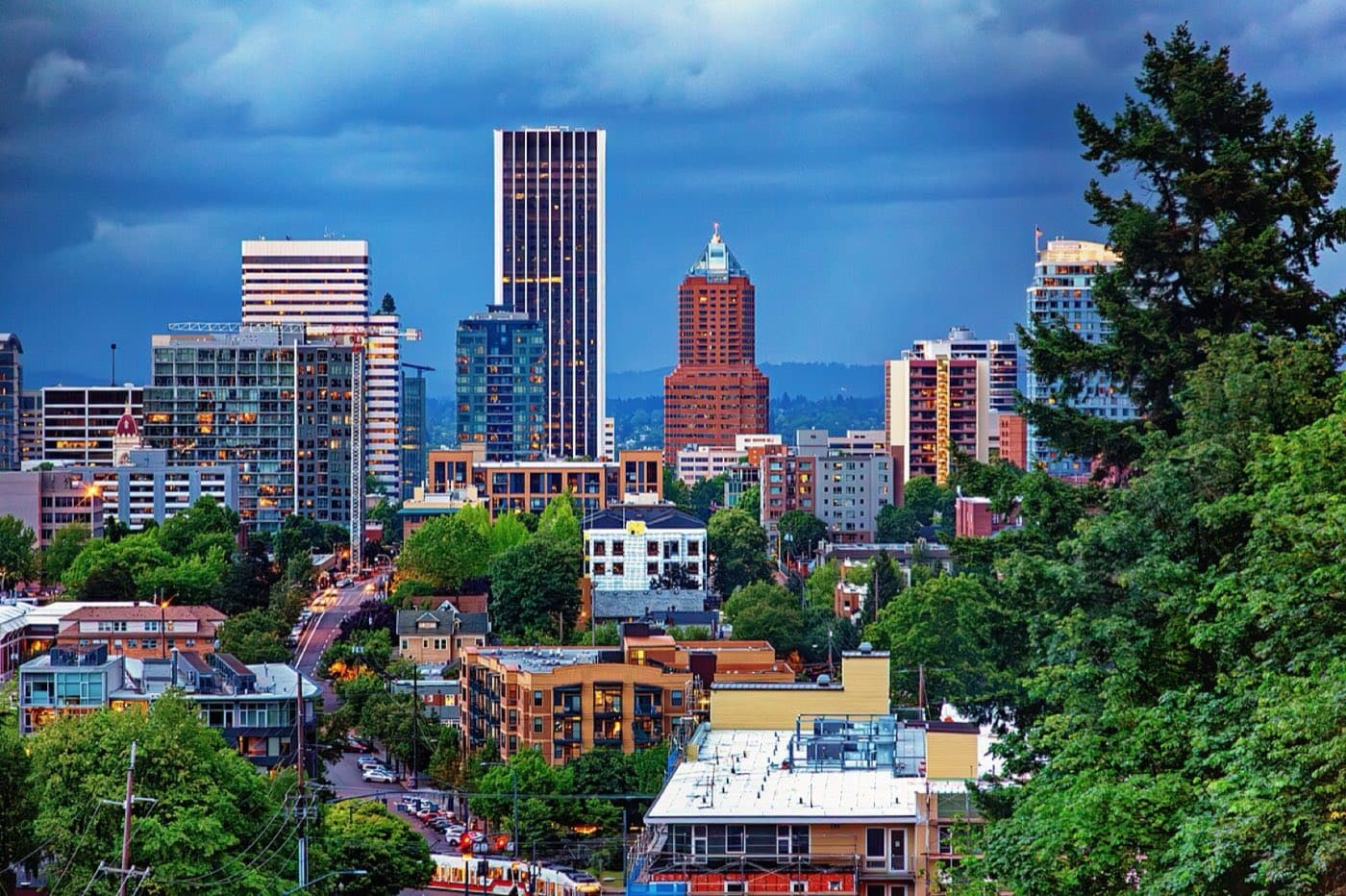 Downtown Portland under a storm sky