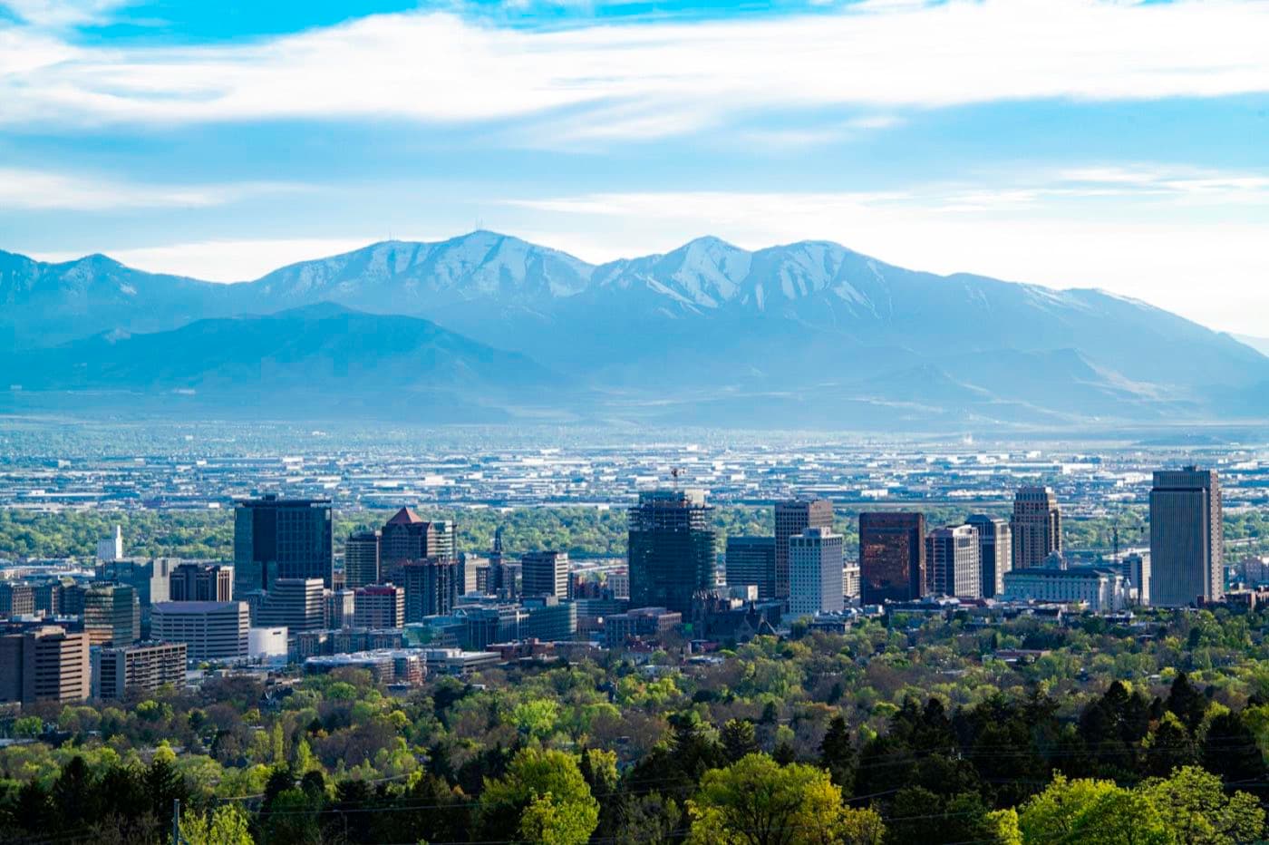 Salt Lake City with the snow-covered Wasatch Mountains behind it