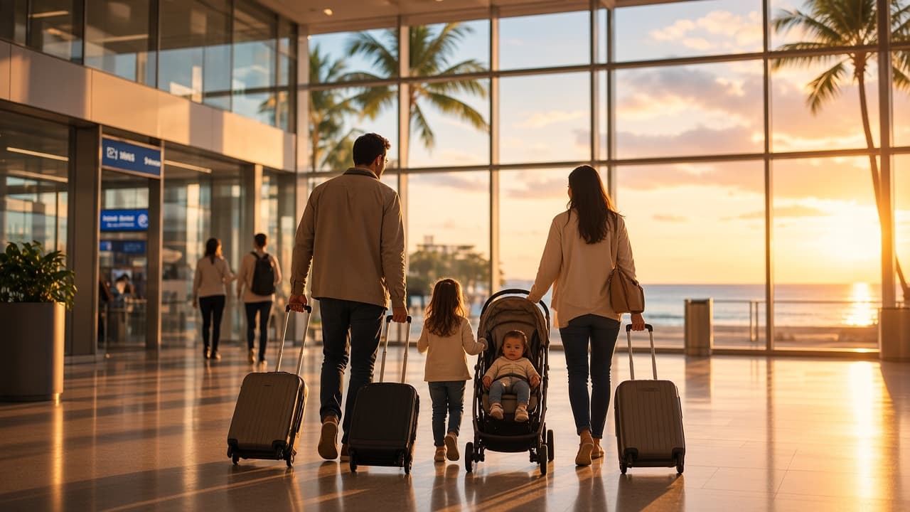A family with luggage and a stroller walking through an airport at sunset