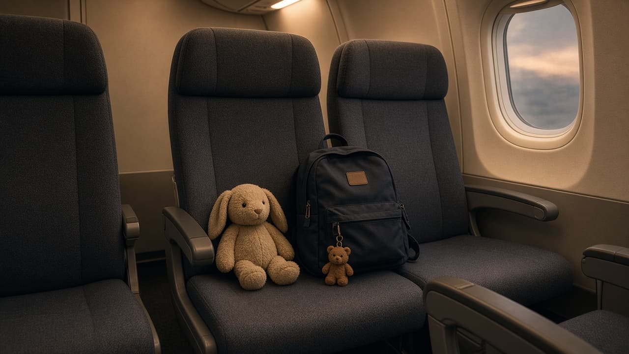 Three airplane seats with a stuffed rabbit and a child's backpack on the middle seat