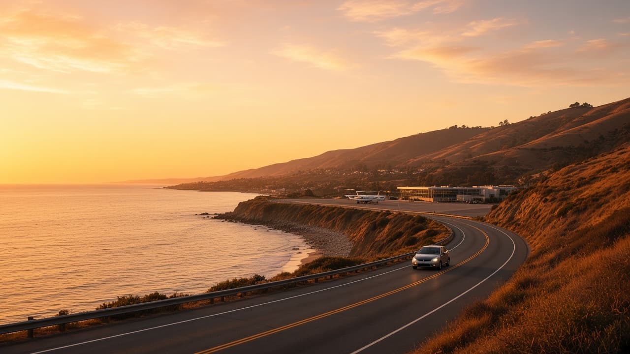 A coastal highway curving toward a small airport at sunset