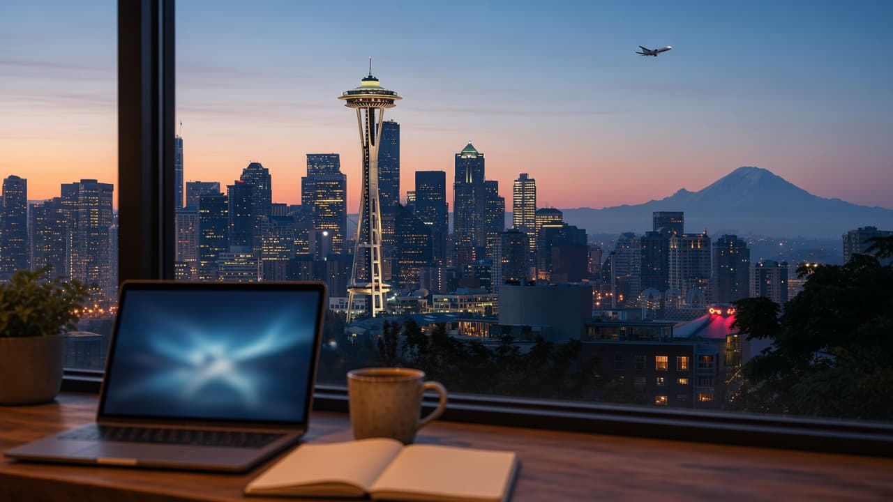 A laptop and notebook by a window looking out on the Seattle skyline at dusk
