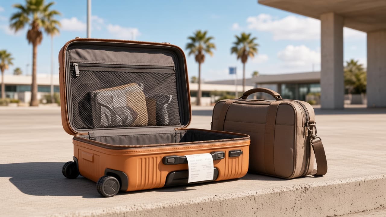 An open suitcase and a carry-on sitting on a sunny airport curb