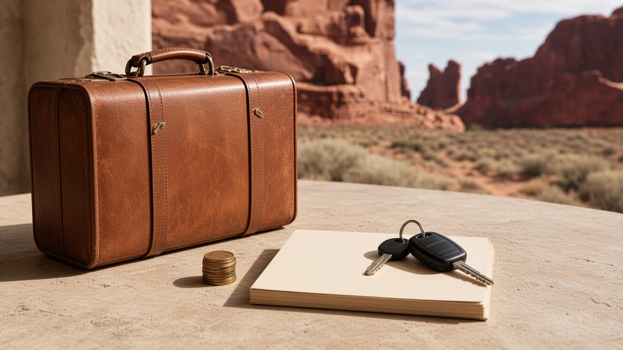 A leather suitcase, a stack of coins, a blank card, and car keys on a stone table